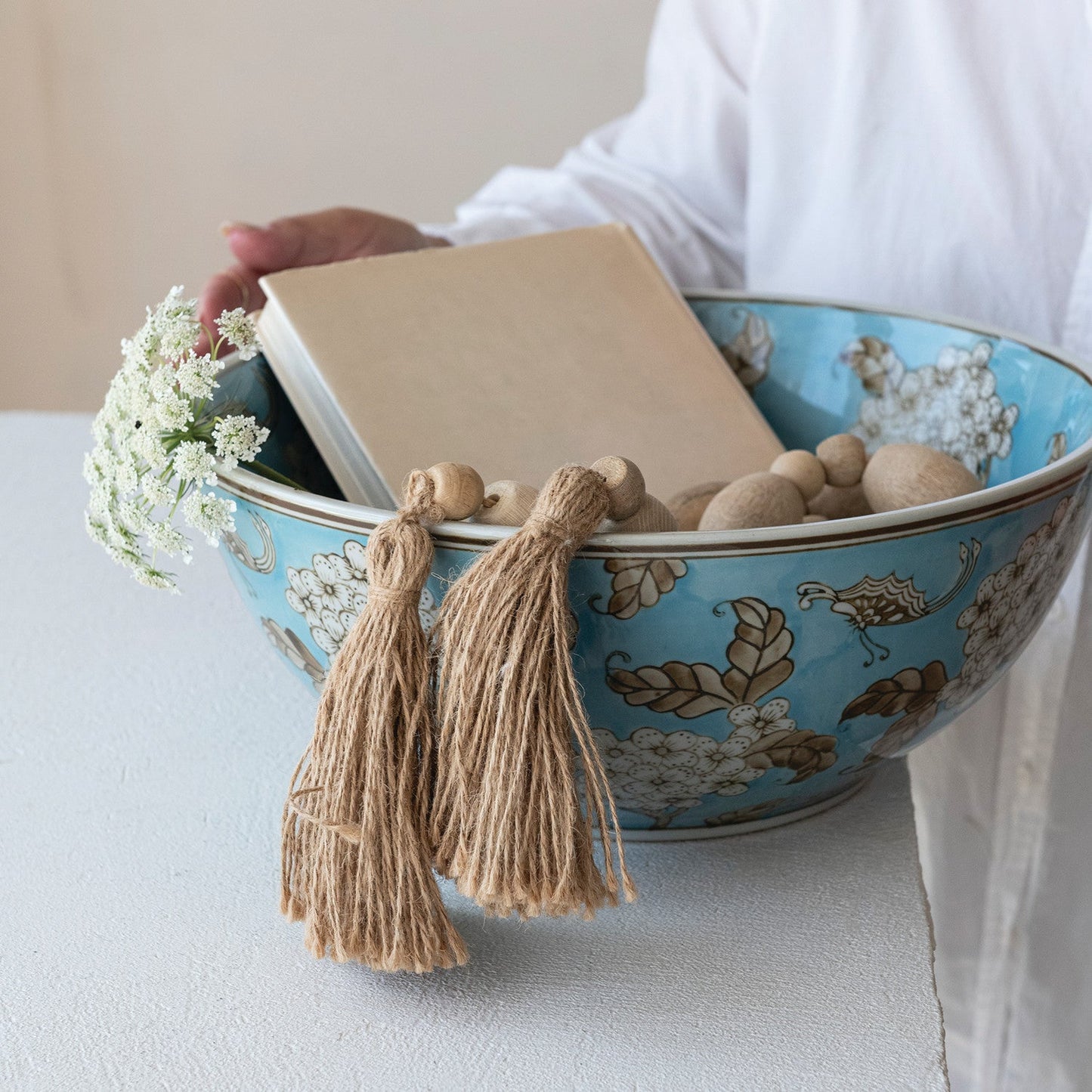 Cherry Blossom Hand-Painted Blue Ceramic Serving Bowl